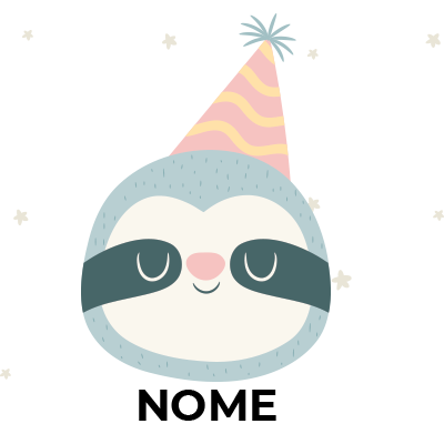 Cabeça de preguiça com chapéu de festa, perfeita para comemorar o Aniversário do seu bebé. Adicione charme ao dia especial!