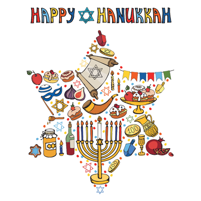 Festa judaica em grande estilo com a arte Happy Hanukkah, perfeita para acessórios de bebé na chupeta-bebe.com.