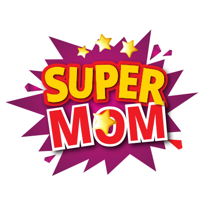 Logotipo Super MOM, ideal para mamães modernas que cuidam com carinho dos seus bebés. Encontre produtos essenciais em chupeta-be